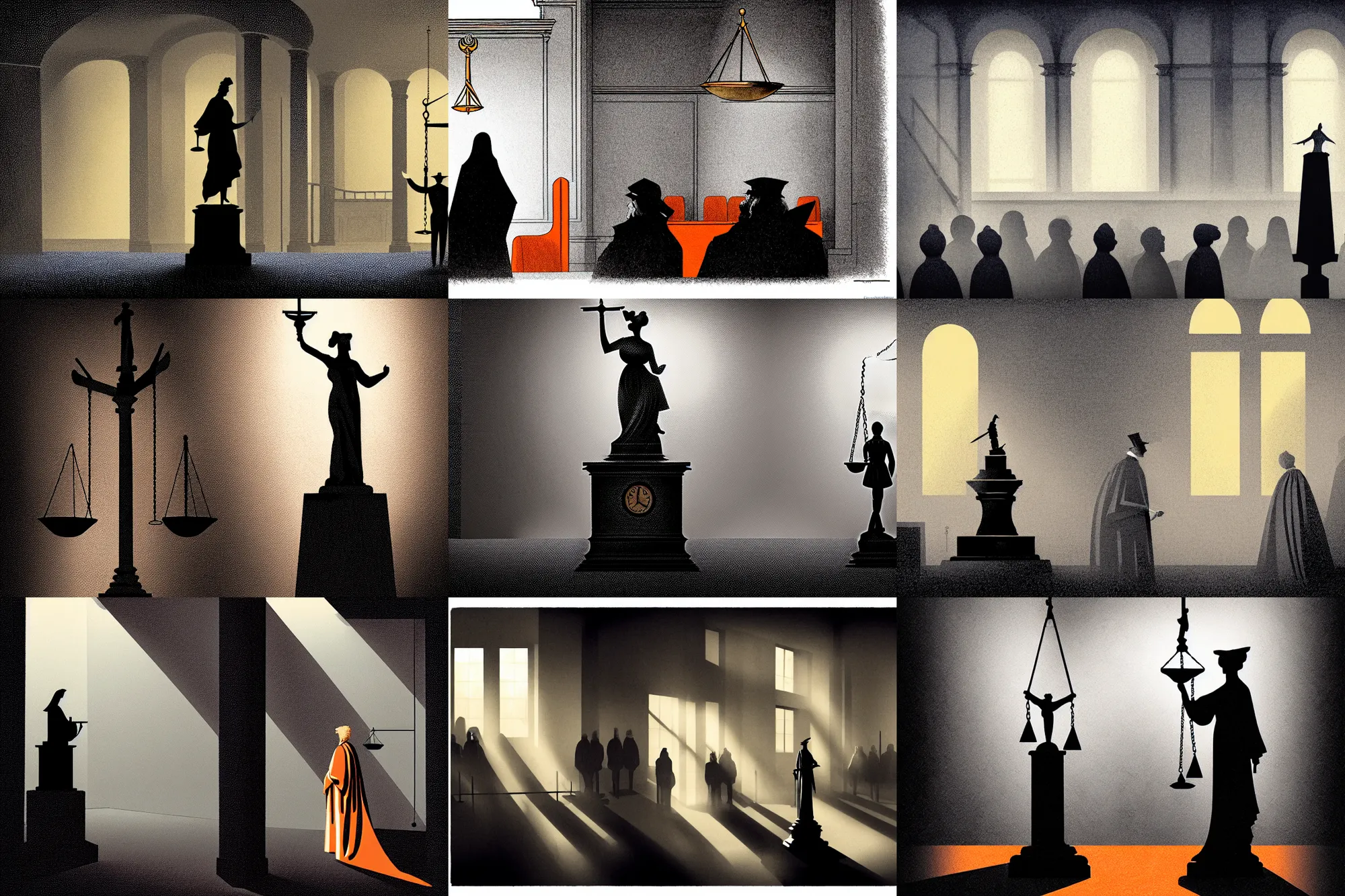 Prompt: editorial illustration by karolis strautniekas and mads berg, illustrated ( ( lady justice statue ) ) in a busy court room interior, many people, low fog, fine texture, detailed, muted colors, dramatic lighting, dynamic composition, vivid, matte print, wide angle, ( ( sunbeams ) ), moody, orange and blue tones