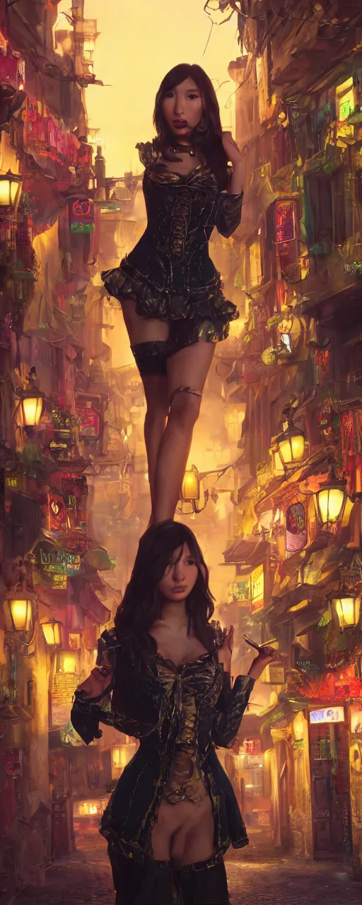 Image similar to portrait of tavern bard gemma chan infront of tiny, narrow dark streets with exotic dancers, exterior, two stories, vaporwave aesthetics, 8 k uhd, unreal engine, octane render in the artstyle of finnian macmanus, john park and greg rutkowski