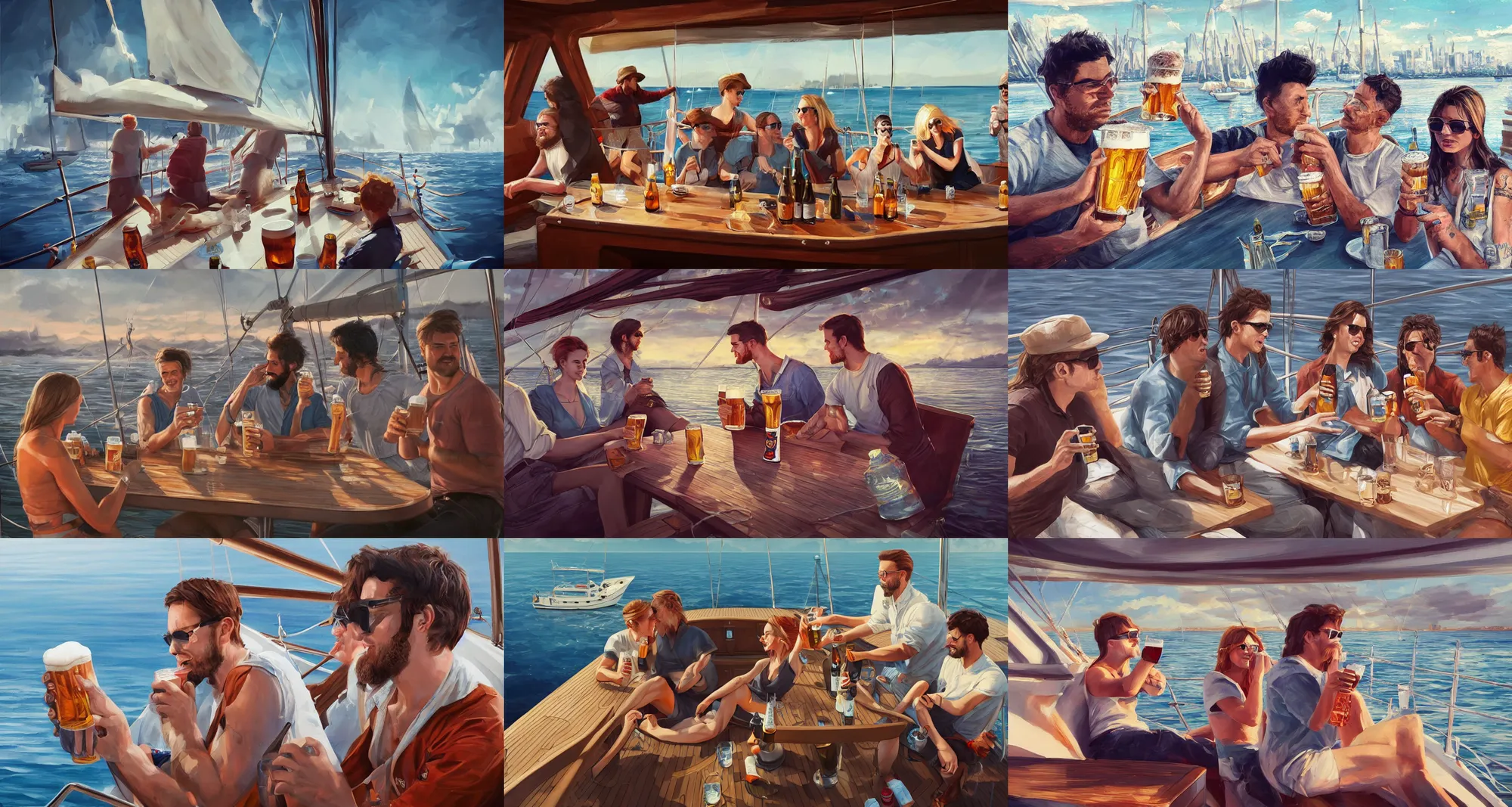 Prompt: people drinking beer on a sailboat, badass look, highly detailed, digital art, artstation, sharp focus