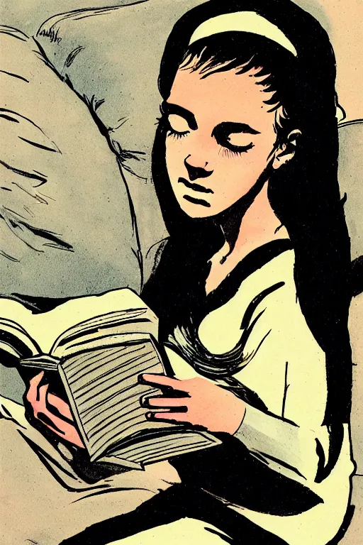 Image similar to a portrait of a girl reading a book, highly detailed, by frank miller, masterpiece, sharp focus, cinematic lightning