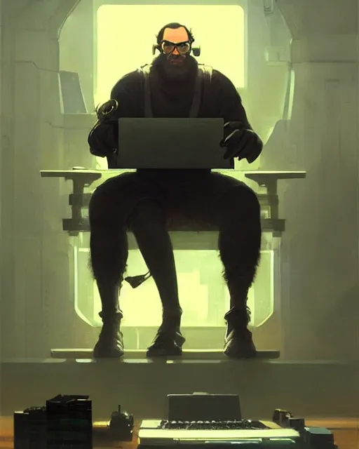 Prompt: futuristic cyberpunk ape hacker with glasses at the computer. fantasy art by greg rutkowski, gustave courbet, rosa bonheur, edward hopper. faithfully depicted facial expression, perfect anatomy, sharp focus, global illumination, radiant light, detailed and intricate environment, trending on artstation