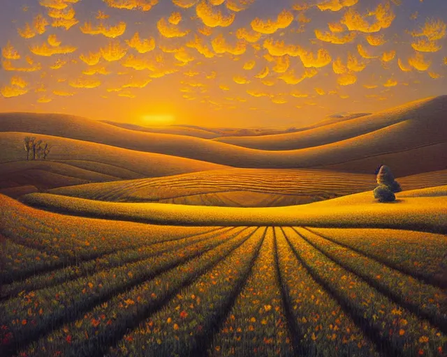 Image similar to a painting of an unimaginably beautiful landscape at golden hour, an ultrafine detailed painting by rafal olbinski, behance contest winner, pop surrealism, detailed painting, very detailed, minimalist, skeuomorphic, airbrush art