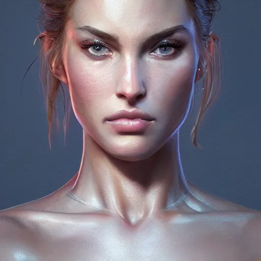 Prompt: a very beautiful and pretty woman with muscles, digital art, photorealistic, unreal engine, 8 k resolution, artstation, beautiful face, pretty face, very detailed eyes, by wlop, greg rutkowski, simon bosley