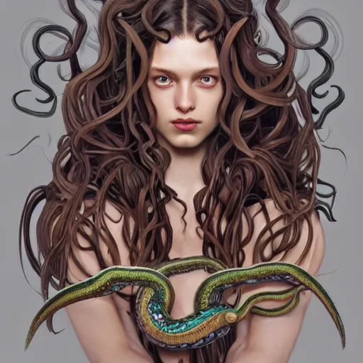 Prompt: “ daria strokous as medusa, frowning, scowl, snakes for hair, intricate, elegant, highly detailed, digital painting, artstation, concept art, smooth, sharp focus, illustration, art by artgerm and greg rutkowski and alphonse mucha ”