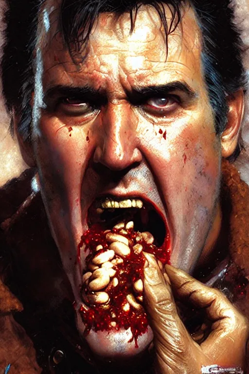 Prompt: bruce campbell screaming and eating beans, extreme close up, insane face, high detail, portrait dnd, painting by gaston bussiere, craig mullins, greg rutkowski, yoji shinkawa