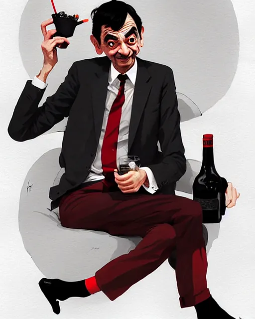 Prompt: mr. bean on holiday, by atey ghailan, by greg rutkowski, by greg tocchini, by james gilleard, by joe fenton, by kaethe butcher, red, black, crimson and grey color scheme