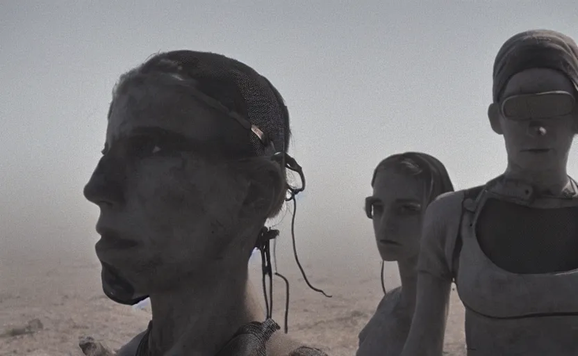 Image similar to cinestill 5 0 d photographic portrait by helen levitt of a white and mixed female android couple wearing rugged black mesh techwear on a desolate plain of america, extreme closeup, modern cyberpunk, dust storm, 8 k, hd, high resolution, 3 5 mm, f / 3 2, ultra realistic faces, intricate detail, ex machina