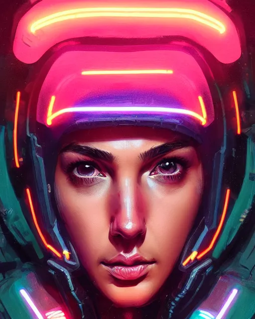 Prompt: detailed portrait Gal Gadot Neon Operator Girl, cyberpunk futuristic neon, reflective puffy coat, decorated with traditional Japanese ornaments by Ismail inceoglu dragan bibin hans thoma greg rutkowski Alexandros Pyromallis Nekro Rene Maritte Illustrated, Perfect face, fine details, realistic shaded, fine-face, pretty face