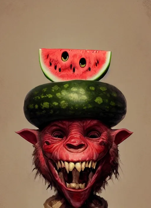 Image similar to hyper realistic photography portrait of smiling goblin with a watermelon helmet cinematic, greg rutkowski, brom, james gurney, mignola, craig mullins, artstation, cgsociety