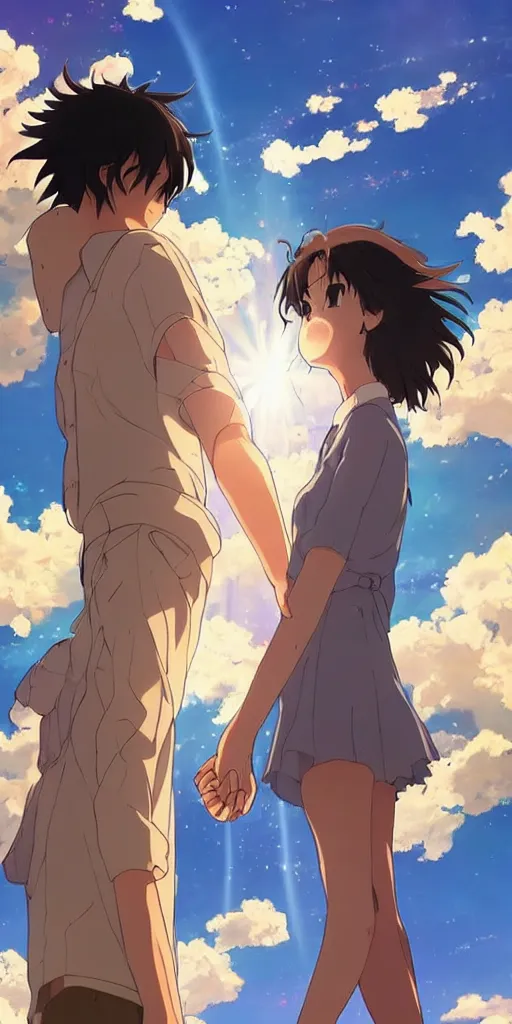 Image similar to a man and a woman holding hands under a beautiful sun drawn like the anime Your Name anime, intricate, psychedelic,