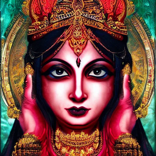 Image similar to beautiful Hindu goddess of the dark with veil, in darkness, cover with a lot of red water, horror terrifying, surreal realistic, photorealistic, hyper details, full HD, 8k!