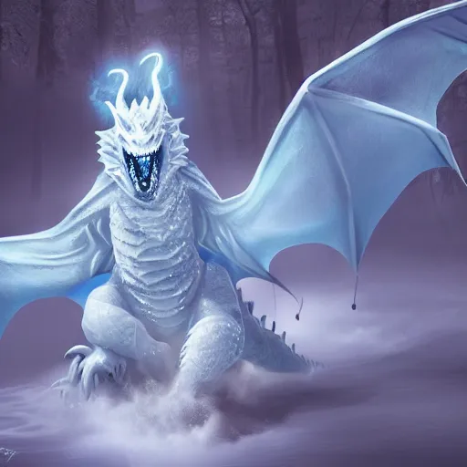 Image similar to mysterious figure with ski goggles riding a dragon made of ice, digital art, 4 k ultra hd, hyper realistic