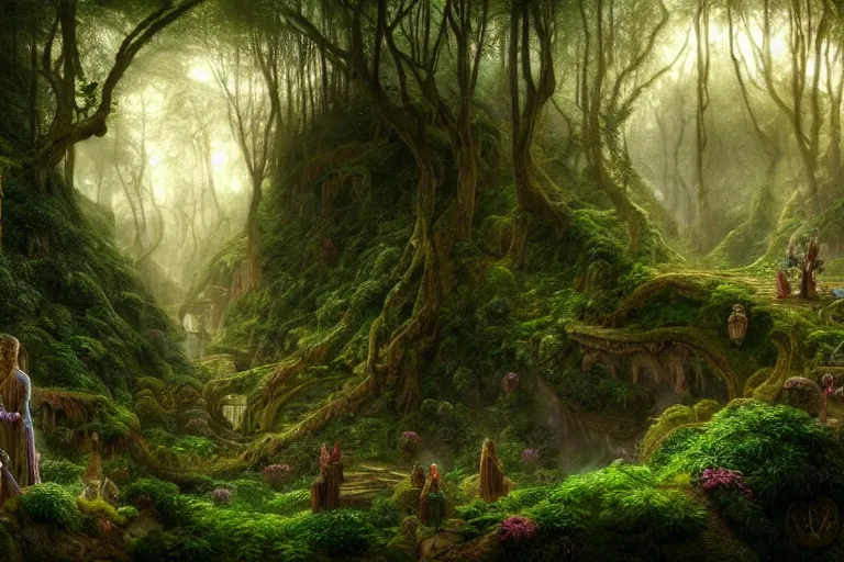 Image similar to a beautiful and highly detailed matte painting of a secret elven garden in a valley in a lush forest in the misty mountains, psychedelic, celtic, intricate details, epic scale, insanely complex, 8 k, sharp focus, photorealism, artstation, cgsociety, by caspar friedrich, albert bierstadt, james gurney, brian froud,