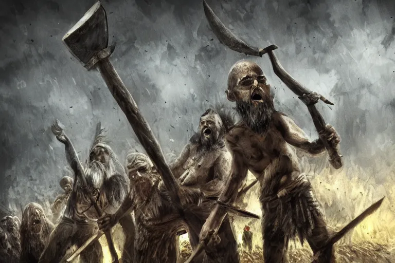 Prompt: villagers with axes and pitchforks, village, screaming faces, dark night, highly detailed digital art, photorealistic