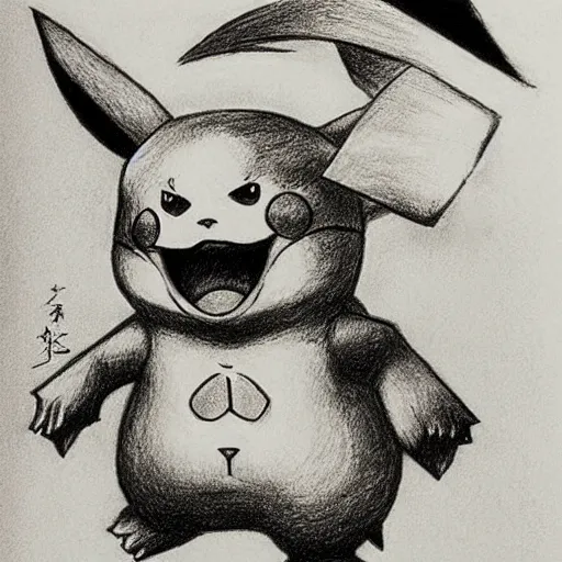 Prompt: Drawing by Kentaro Miura of pikachu bearing its fangs and getting ready to attack