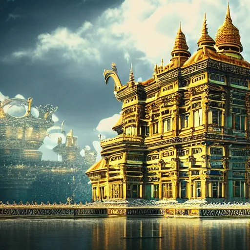 Image similar to palace in the sky, 4 k, intricate detailed, jaw dropping, gorgeous, surreal, octane render