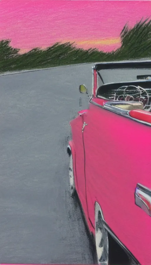 Image similar to polaroid of a 1 9 6 3 red cadillac convertible in the distance driving down empty highway into a pink sunrise, oil pastel, high detail, realistic, vintage