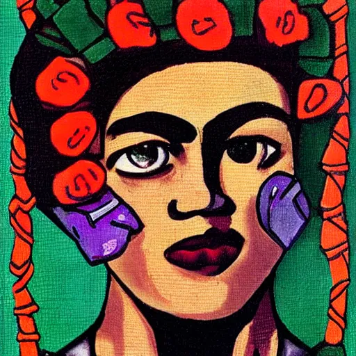 Prompt: mecha in the style of frida kahlo