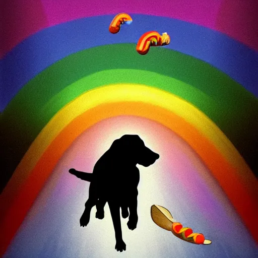 Prompt: adorable cartoon black lab chasing a hotdog across a rainbow bridge, by pixar