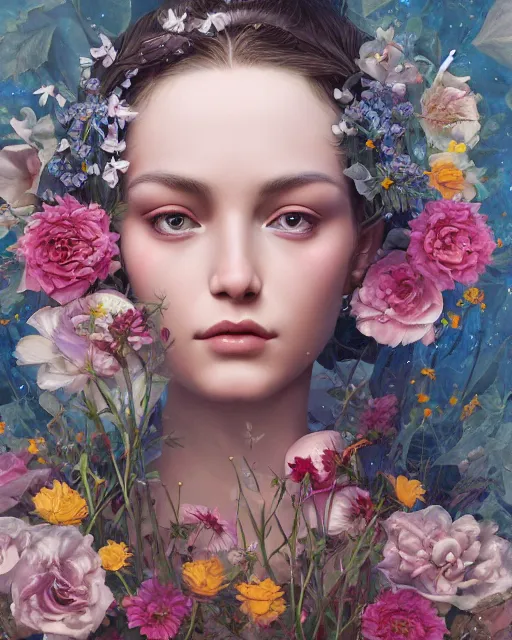 Image similar to symmetrical portrait of a 2 5 year old girl, surrounded by flowers by karol bak, james jean, tom bagshaw, rococo, sharp focus, trending on artstation, cinematic lighting, hyper realism, octane render, 8 k, hyper detailed.