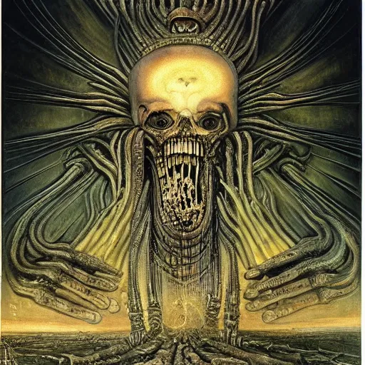 Prompt: a painting of a supreme calamity, apocalypse, end of the world, painting by h. r. giger, super high detail, cosmic perspective, unimaginable scale, grand