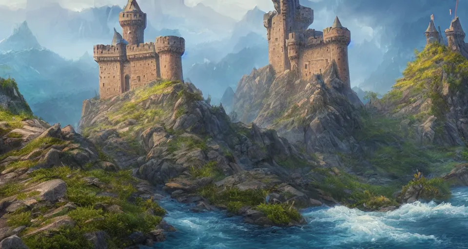 Image similar to A magnificent castle on the stretches of a vast land, fancy crenellations and sturdy reinforced walls looking, rivers and ocean, high mountains, painted in the style of concept artist Michael Kus, 4k