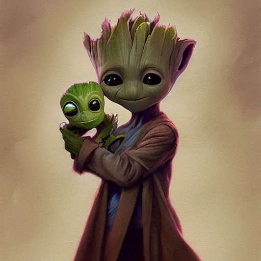 Prompt: Cute Elven baby Groot and Yoda by Greg Rutkowski and Pixar, asymmetrical, positive vibes, Organic Painting , Matte Painting, geometric shapes, hard edges, street art, trending on the artstation, realistic:2 by Sachin Teng:4