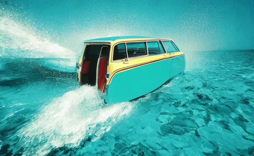 Image similar to photorealistic picture of a scarab 3 8 kv driving in turquoise water. miami. 8 0's style