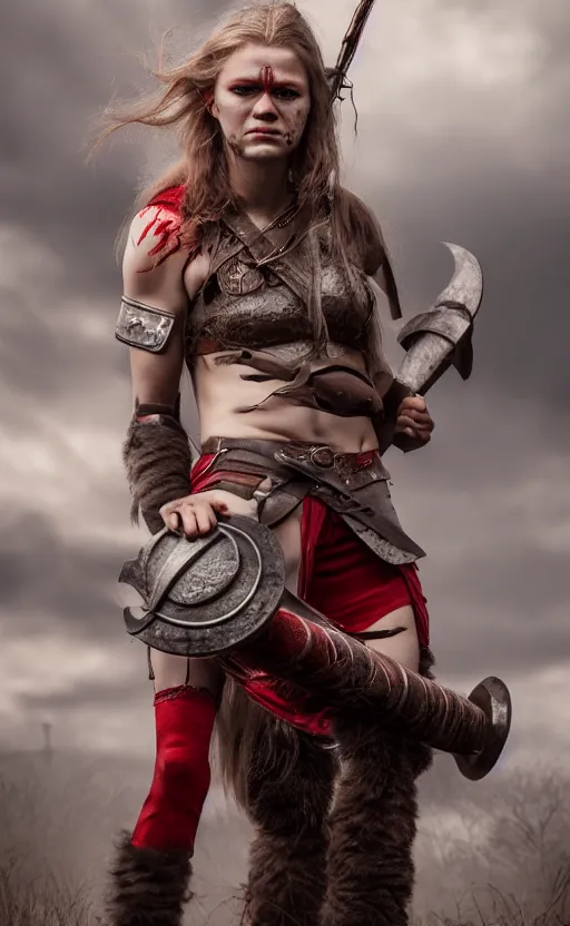 Prompt: photorealistic 3/4 photograph of beautiful female viking warrior, angry with big grey eyes, red tribal warpaint, Frank frazetta, arney freytag, octane, bokeh, 8k, action pose, bloody, cinematic, 28mm