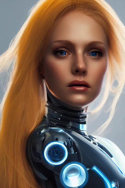 Prompt: a beautiful woman with blonde hair wearing robot suit with wires and light, highly detailed, photorealistic, artstation, smooth