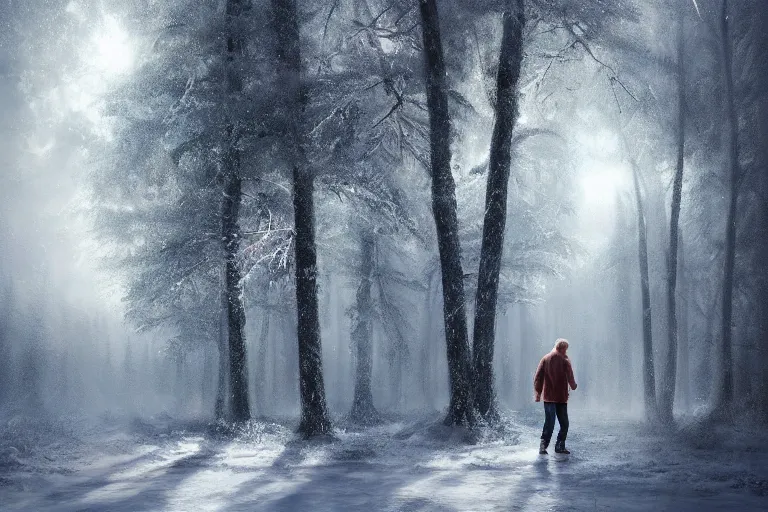 Image similar to portrait of Christopher Walken walking in a snowy pine forest, elegant, trending on artstation, highly detailed, digital painting, volumetric light, concept art, middle focus, illustration, lighting by Marc Adamus