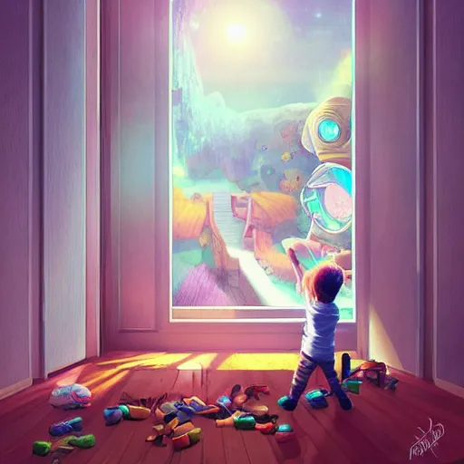 Prompt: A child discovering his room can open a portal to another dimension, digital art, trending on artstation, high details