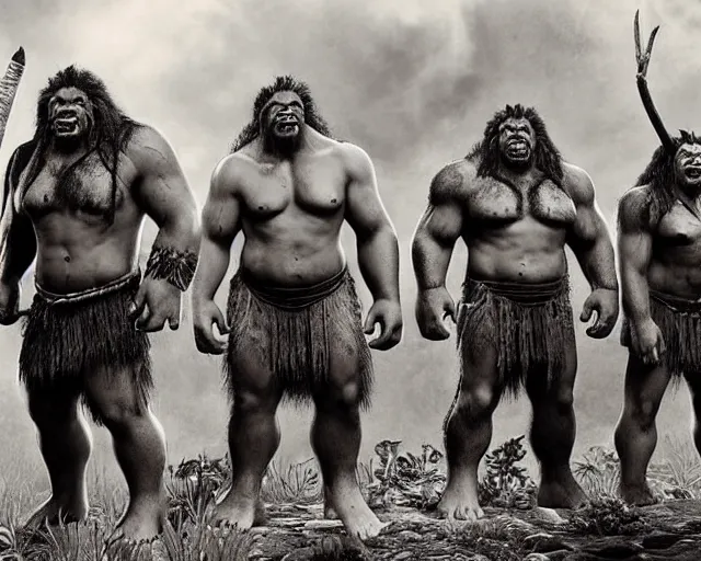 Image similar to hyper realistic group vintage photograph of a live action warcraft orc warrior tribe in the jungle, tall, hulk like physique, detailed faces, tribal paint, tribal armor, grain, old, monochrome, sepia toned, realistic lighting, wide angle