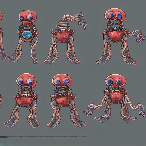 Image similar to official character sheets for an old dumbo squid biomech, digital 2 d screen smiley robot face, mechanical heart in center, covered in coral and barnacles, worn stickers, scratches, damage, art by tim schafer black velvetopia art for psychonauts from double fine studios, art by splatoon from nintendo, black light rave, adult character, apocalypse