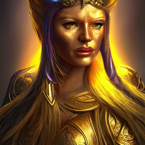 Image similar to bright, colorful, realistic, detailed from Elder Scrolls: shivering isles concept art golden saint a warrior woman with skin and hair made of bright and shiny gold portrait backlighting, kodachrome, high contrast, highly detailed, sharp focus, digital painting, concept art, illustration, trending on artstation, comic book by Alex Ross and Adam Adamowicz cover art