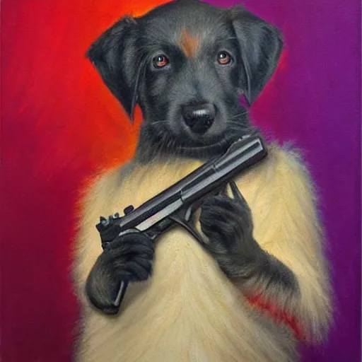 Image similar to a puppy with UV neon fur holding a gun.Painting by James Gurney