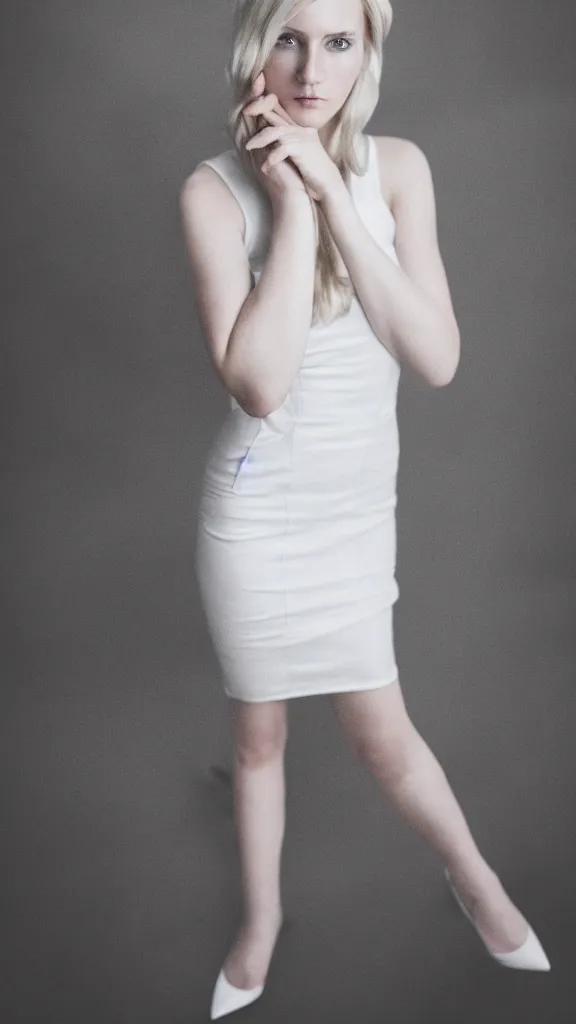 Image similar to emily skinner cosplaying annie leonhart in open toe heels in a white dress in a white room, beautiful face, pale skin, rule of thirds, cinematic lighting, rainy weather, melancholy atmosphere, sharp focus, backlit, stunning, model agency, smooth, hard focus, full body shot, instagram photo, shot on sony a 7 iii, hyper realistic,