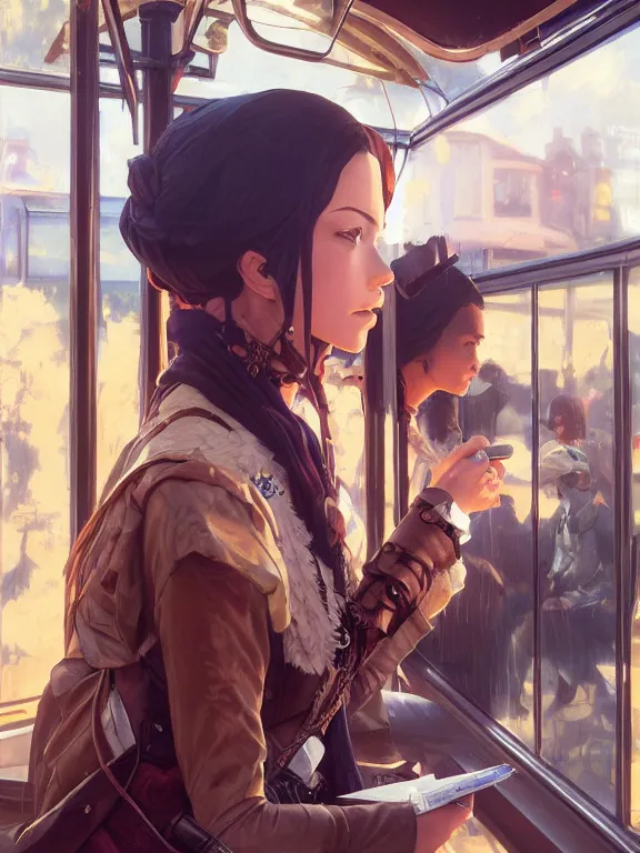 Image similar to an ultradetailed beautiful portrait painting of an female steampunk native inside a bus stop, side view, oil painting, high resolution, by ilya kuvshinov, greg rutkowski and makoto shinkai