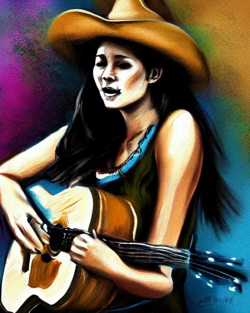 Image similar to a painting of a cowgirl playing a guitar and singing outdoors with texas hill - country in background, in the style of casey baugh, digital art