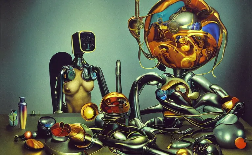 Image similar to strange seductive futuristic robot body, enticing colorful oil painting dutch golden age vanitas still life sparse composition with bulbous objects strange gooey transparent surfaces shiny metal reflections bizarre mutant meat insects rachel ruysch dali todd schorr very detailed perfect composition rule of thirds masterpiece canon 5 0 mm, cinematic lighting, photography, retro, film, kodachrome