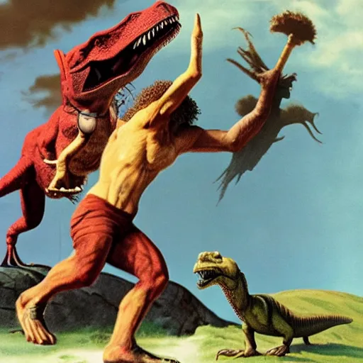 Image similar to color photo of T Rex dinosaur attacking cavemen.