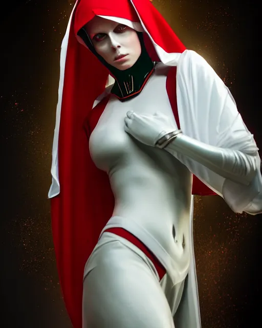 Prompt: red - haired final fantasy white marble egyptian nun, warframe armor, regal, attractive, ornate, sultry, sexy, beautiful, joanna lumley, pretty face, green eyes, scifi platform, 4 k, ultra realistic, epic lighting, illuminated, cinematic, black gold, art by alexandra petruk, voidstar