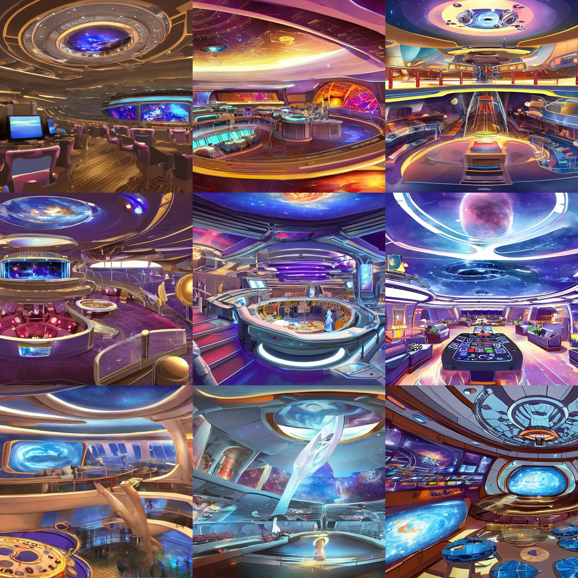 Prompt: the main entertainment area onboard a large passenger cruise spaceship, from a space themed serria point and click 2 d graphic adventure game, art inspired by the lord of the rings and thomas kinkade