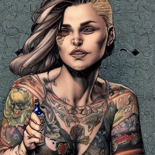 Image similar to a beautiful portrait of a heavily tattooed woman handing you a beer in Travis Charest style