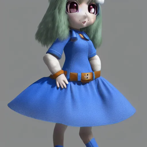 Image similar to cute fumo plush of a foxgirl adventurer, blue dress, three point lighting, dramatic, vray