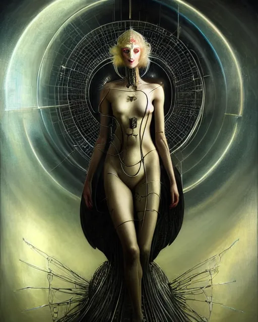 Image similar to karol bak and tom bagshaw and bastien lecouffe - deharme full body character portrait of galadriel as the borg queen, digitalcore rebirth, floating in a powerful zen state, supermodel, beautiful and ominous, wearing combination of mecha and bodysuit made of wires and silk, machinery enveloping nature in the background, scifi character render