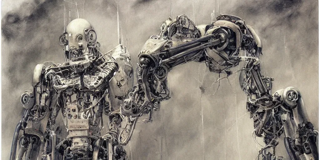 Prompt: a scary painting of robot by alan lee, trending on artstation