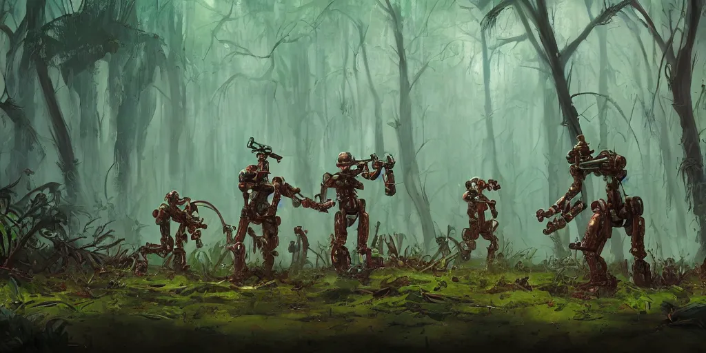 Prompt: guerrillas reed - people fighting robot in futuristic spiritual mystical post apocalyptic swampy forest drawn by ron gilbert, dim painterly volumetric aquatic lighting, scenic, beautiful, crisp, artstation, highly detailed