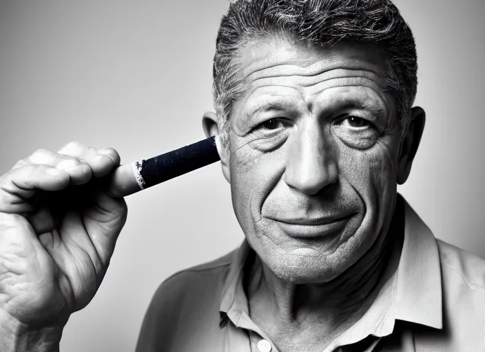 Image similar to studio portrait photo still of fred ward!!!!!!!! at age 5 3 years old 5 3 years of age!!!!!!! smoking a cigarette, 8 k, 8 5 mm f 1. 8, studio lighting, rim light, right side key light