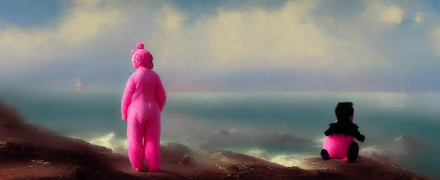 Image similar to an image of a girl with pink hair wearing a panda onesie looking across the ocean in the style of ivan aivazovsky,